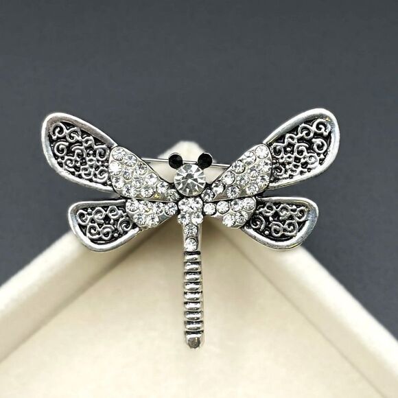 Silver with White Diamond and Onyx Crystal Filigree Dragonfly Pin Back Brooch - Picture 2 of 7